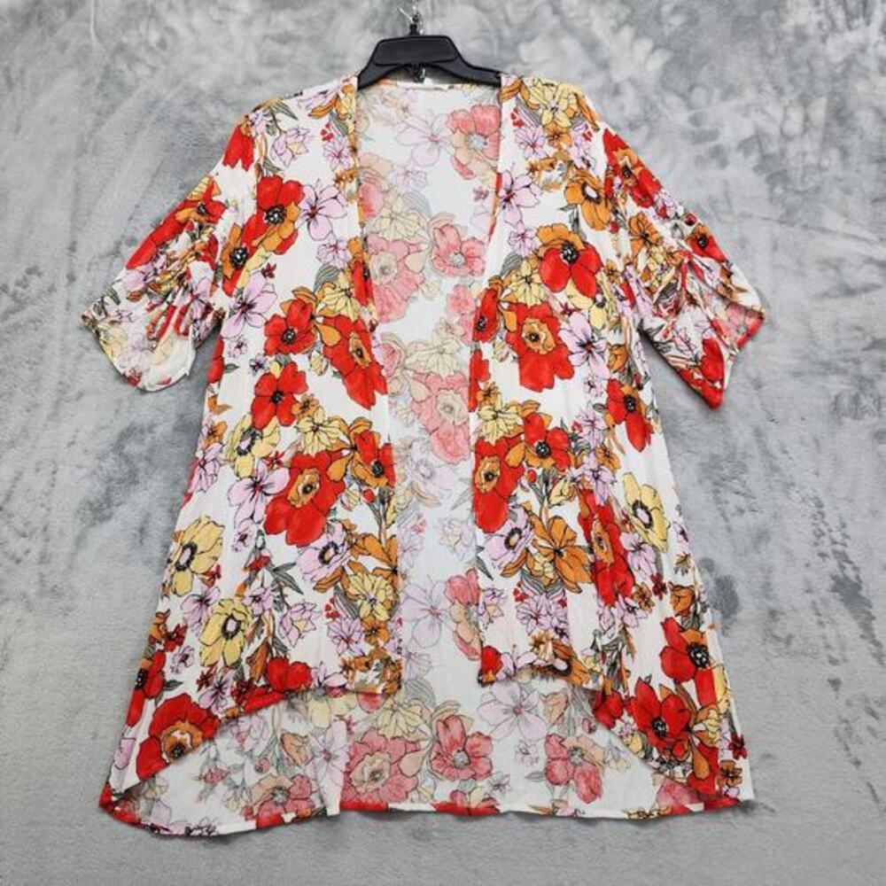 Maurices Top Womens M Multicolor Poppy Floral Cinched Sleeve Kimono Open Front